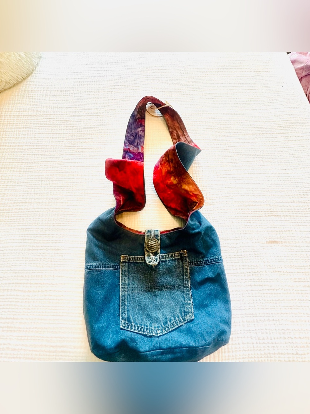 Upcycled Denim Handmade Crossbody Bag w/Button Loop Close